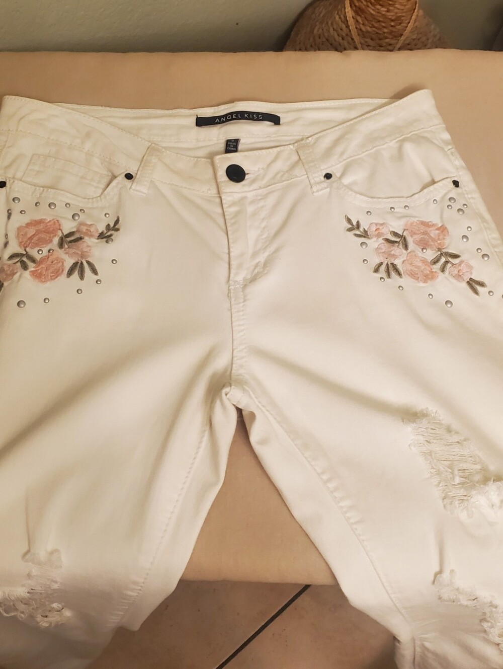 Angel Kiss White Skinny Jeans with Pink Floral Embroidery